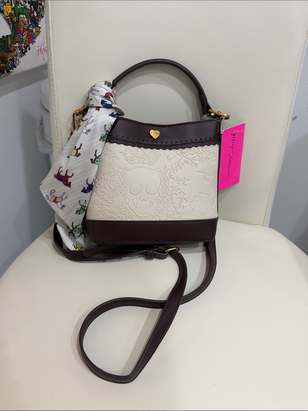 Betsey Johnson Brown & Cream Floral/Skull/Horse  Print Satchel/Crossbody Bag